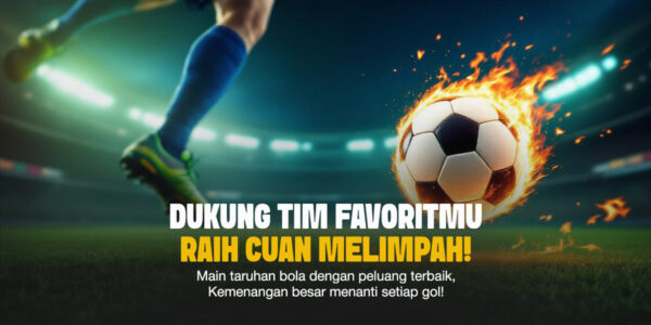 Bola menyala api sedang ditendang oleh pemain sepak bola di stadion besar, menggambarkan intensitas pertandingan dan semangat bertaruh.